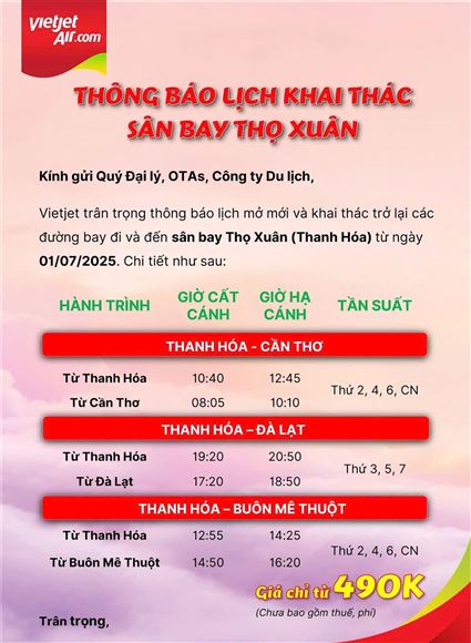 VIETJET THÔNG BÁO KHAI THÁC SÂN BAY THỌ XUÂN , THANH HÓA