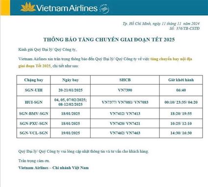 Vietnam Airlines - Thông báo về việc tăng chuyến bay nội địa giai đoạn tết 2025